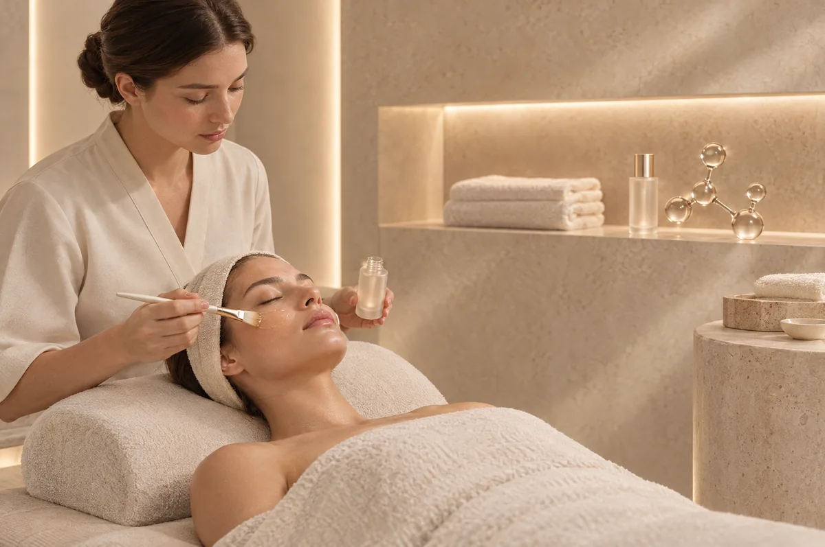 Aplicación de facial con sérum de péptidos en el estudio — imagen conceptual de marca