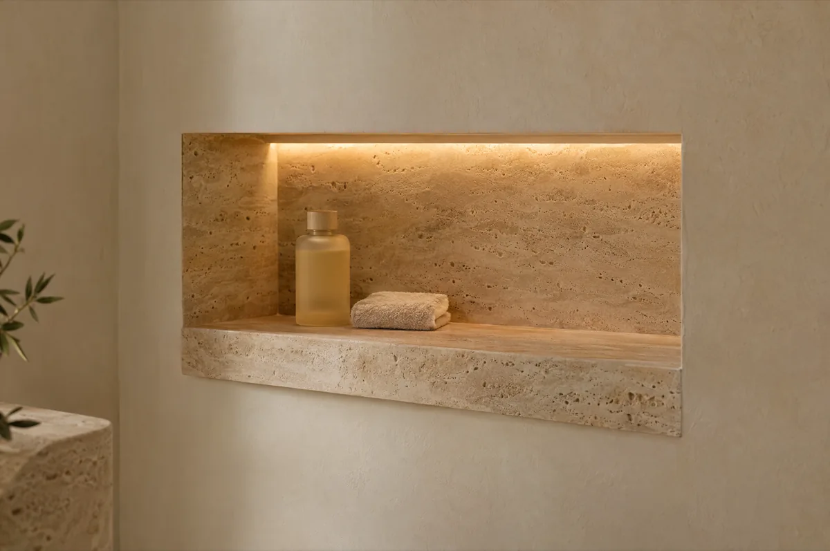 Nicho de travertino bañado en luz cálida, detalle interior — imagen conceptual de marca